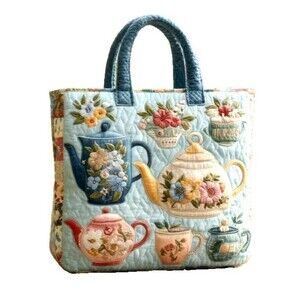 Teapots and Flowers Quilted Tote Bag Blue Handles 16 x 17-inch Tea Gift NEW
